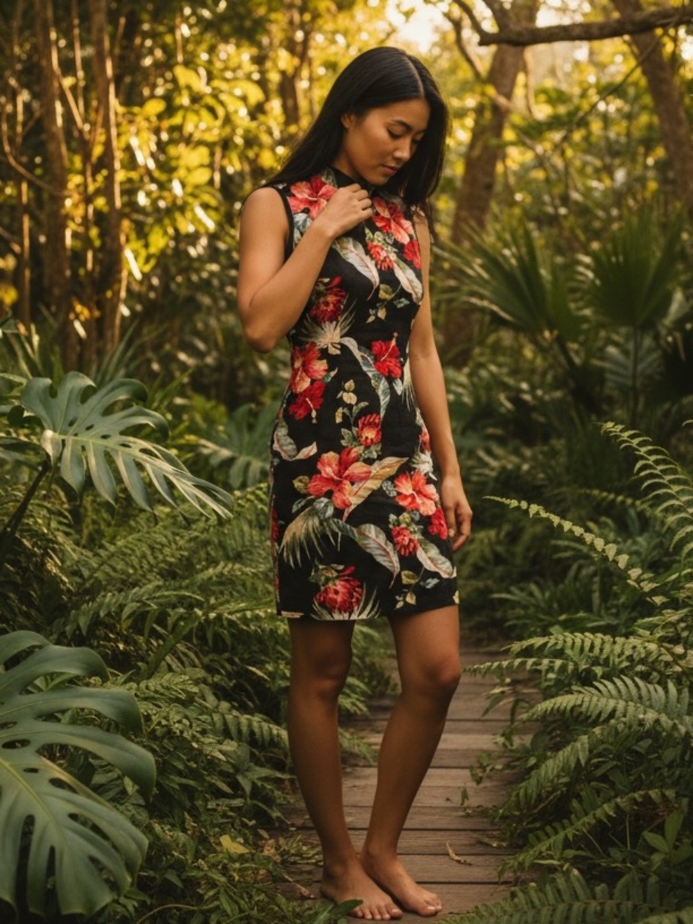 Classic Young Hawaii Barkcloth 1970’s Black Red Bodycon Hibiscus Dress small